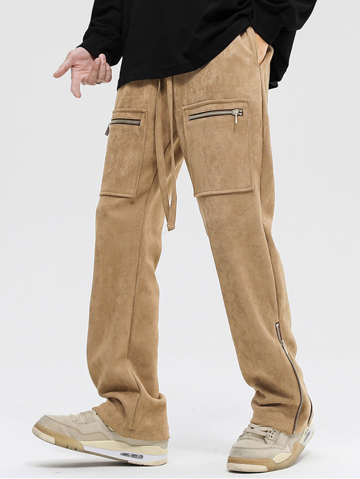 Men's Casual Pocket Zip Decor Faux Suede Drawstring Pants Kosyway