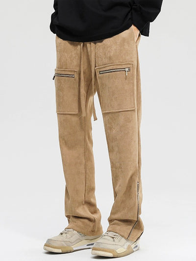 Men's Casual Pocket Zip Decor Faux Suede Drawstring Pants Kosyway