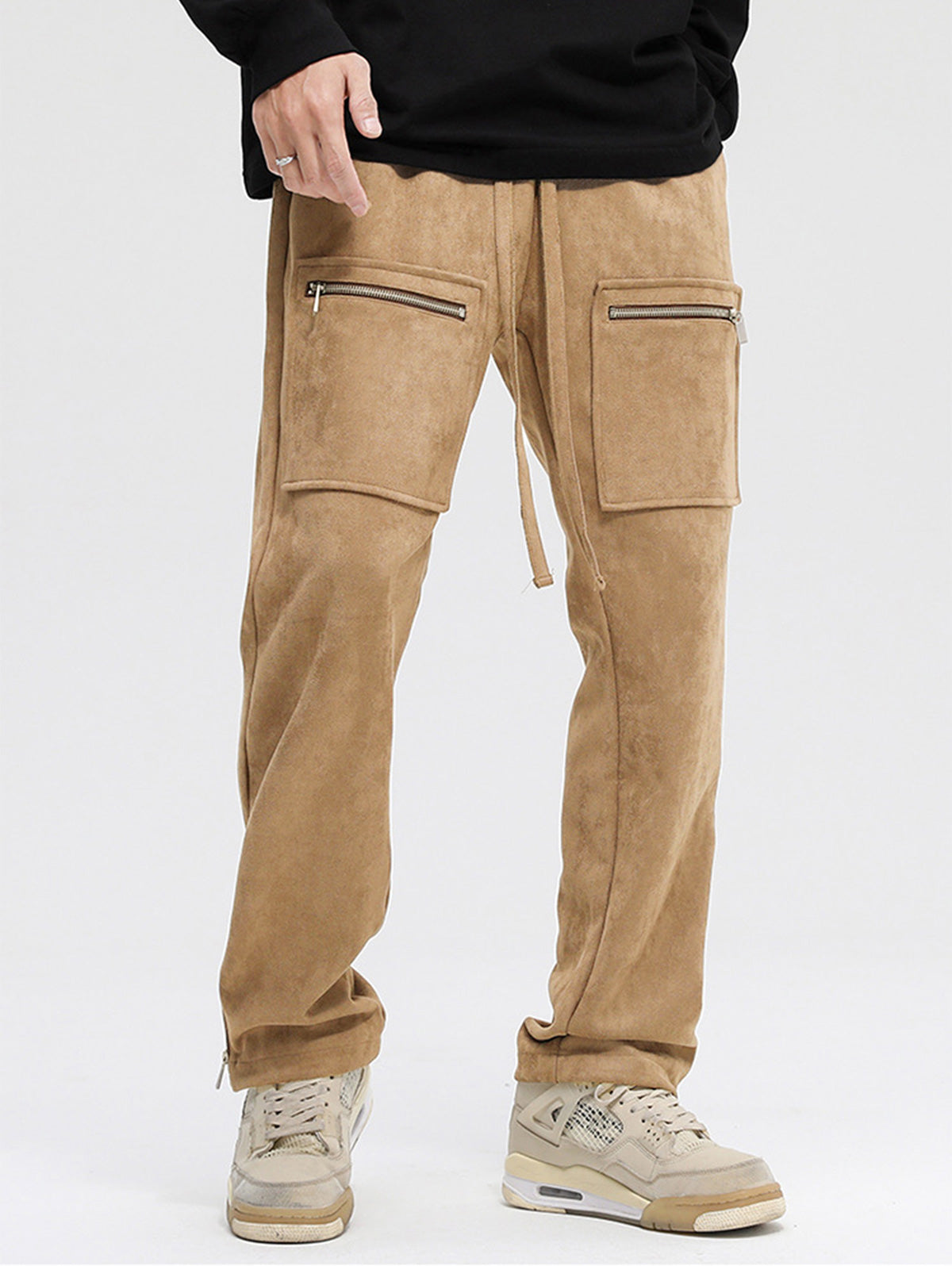 Men's Casual Pocket Zip Decor Faux Suede Drawstring Pants Kosyway