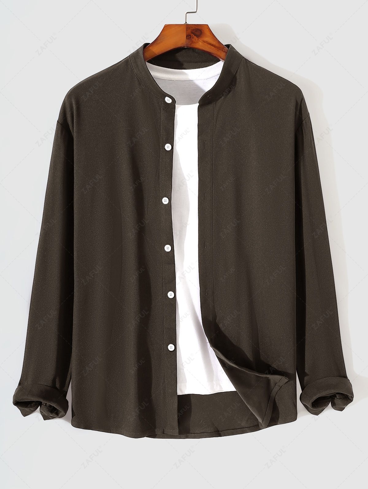 Men's Solid Color Textured Stand Collar Button Front Long Sleeves Shirt