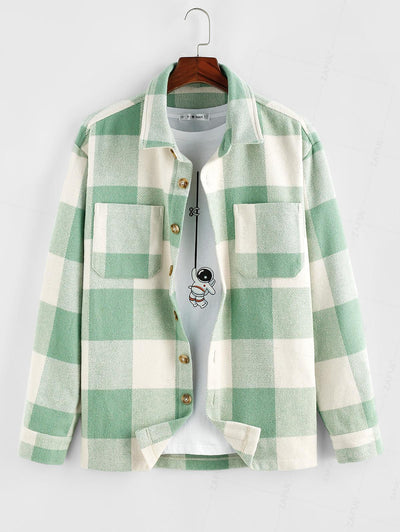 Plaid Pattern Double Pockets Wool Blend Shacket