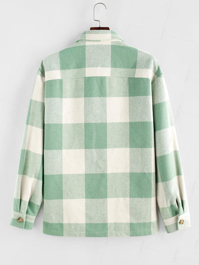 Plaid Pattern Double Pockets Wool Blend Shacket