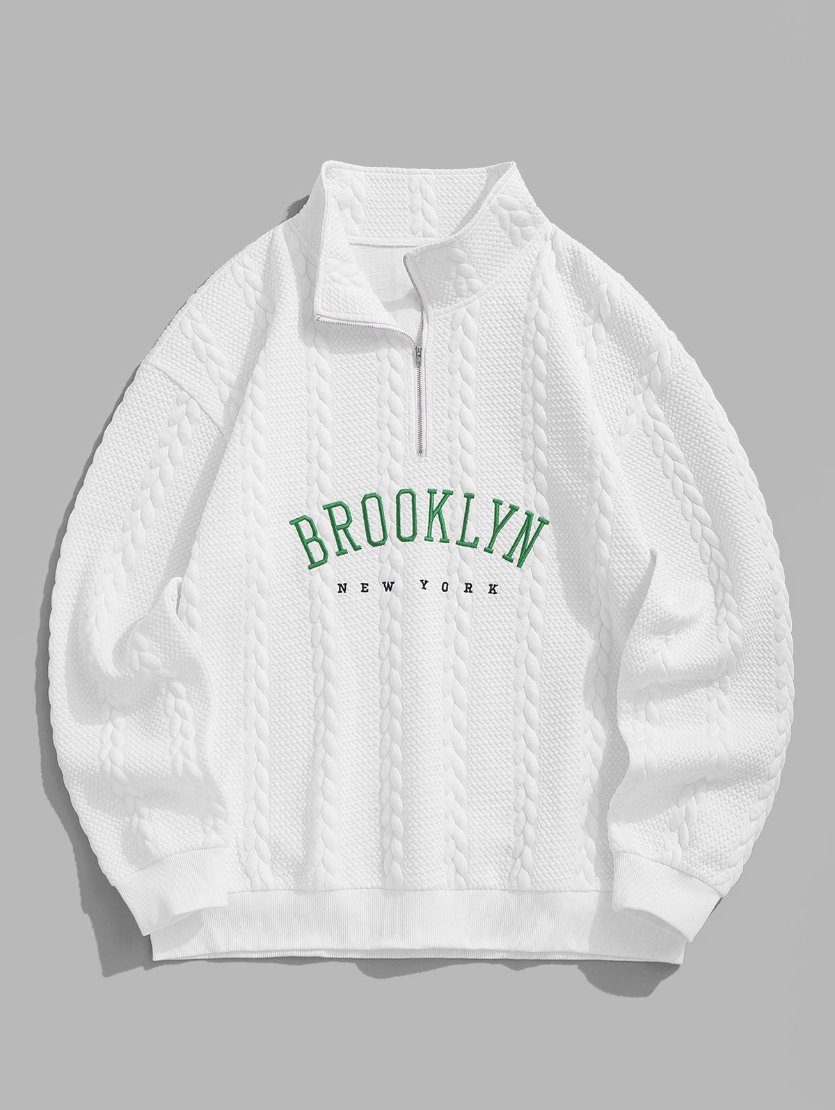 Men's BROOKLYN NEW YORK Letter Embroidered Cable Textured Quarter Zip Design Pullover Sweatshirt