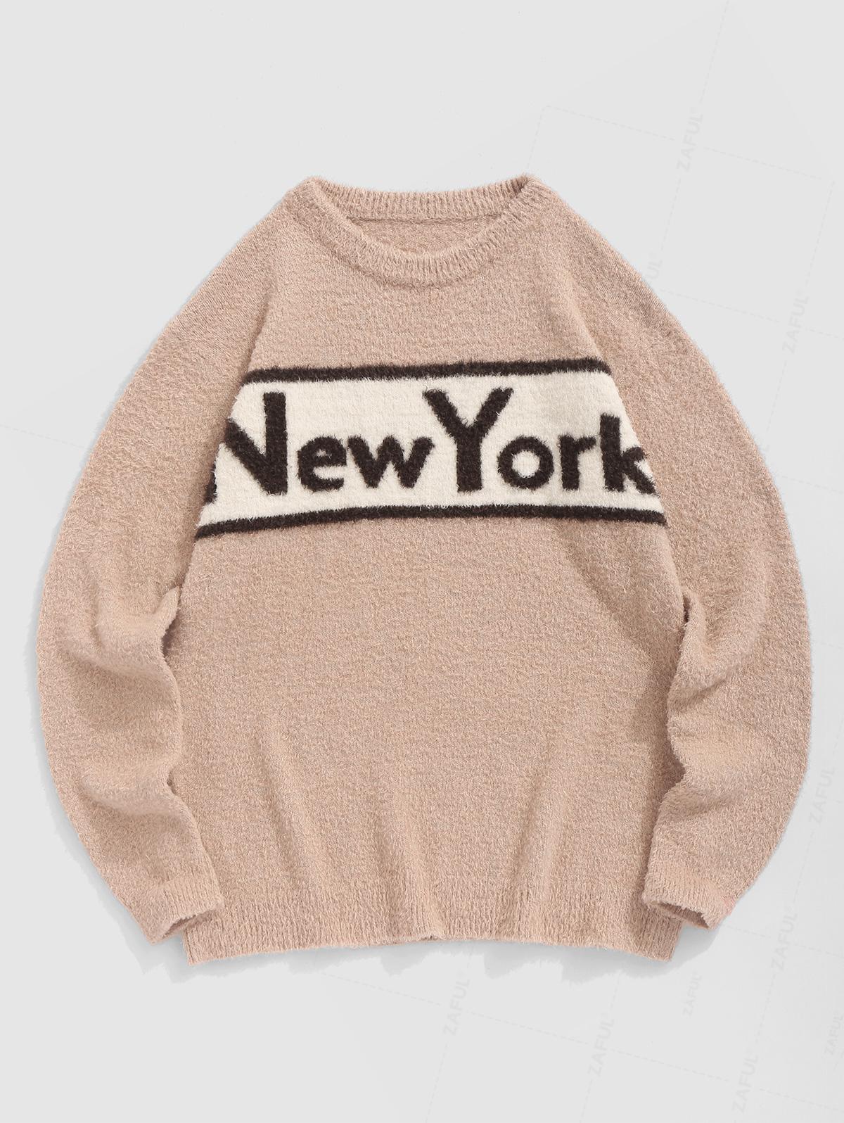 Men's Casual Letter New York Printed Round Neck Fuzzy Pullover Sweater