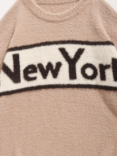 Men's Casual Letter New York Printed Round Neck Fuzzy Pullover Sweater