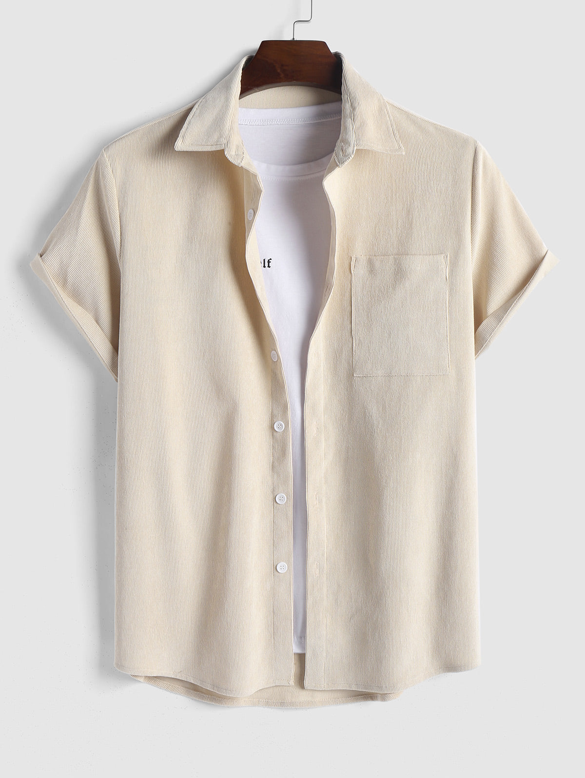 Front Pocket Design Solid Color Corduroy Short Sleeves Shirt