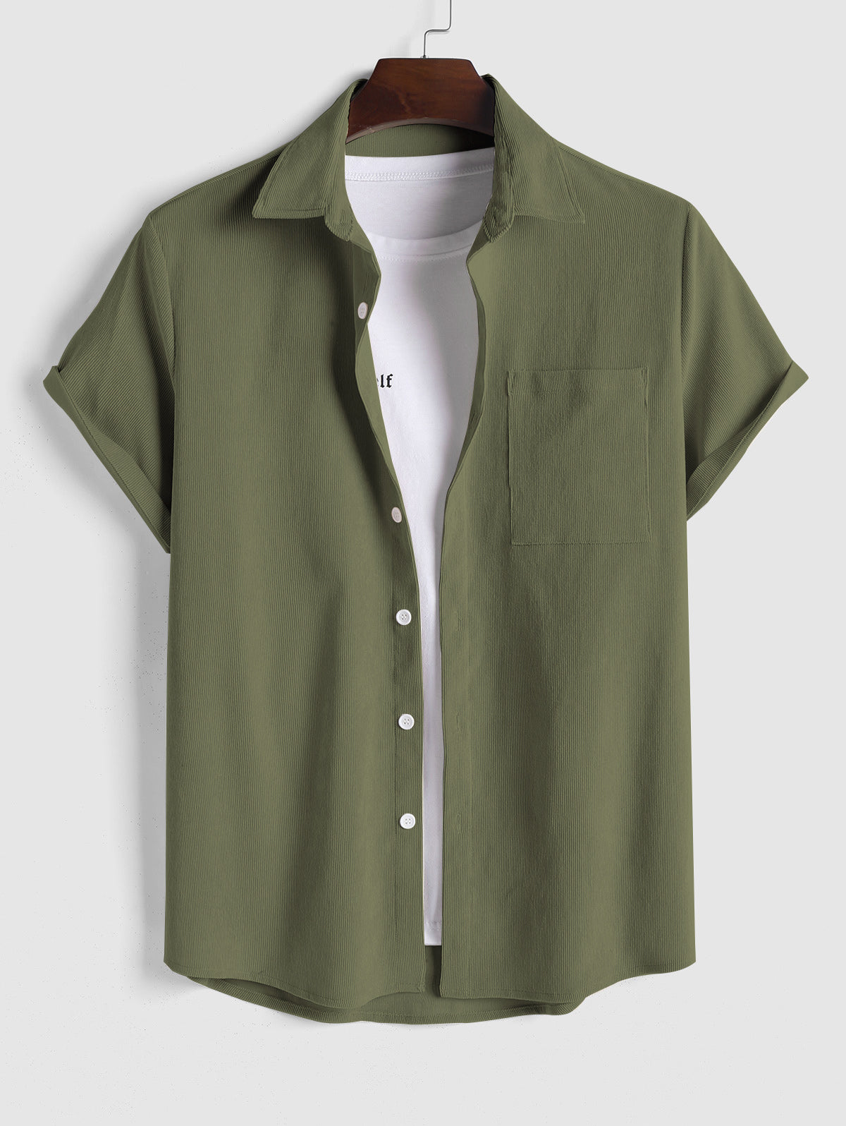 Front Pocket Design Solid Color Corduroy Short Sleeves Shirt