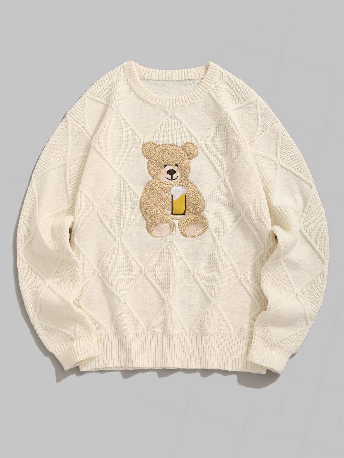 Men's Terry Cloth Bear Embroidered Patch Design Round Neck Pullover Knitted Sweater