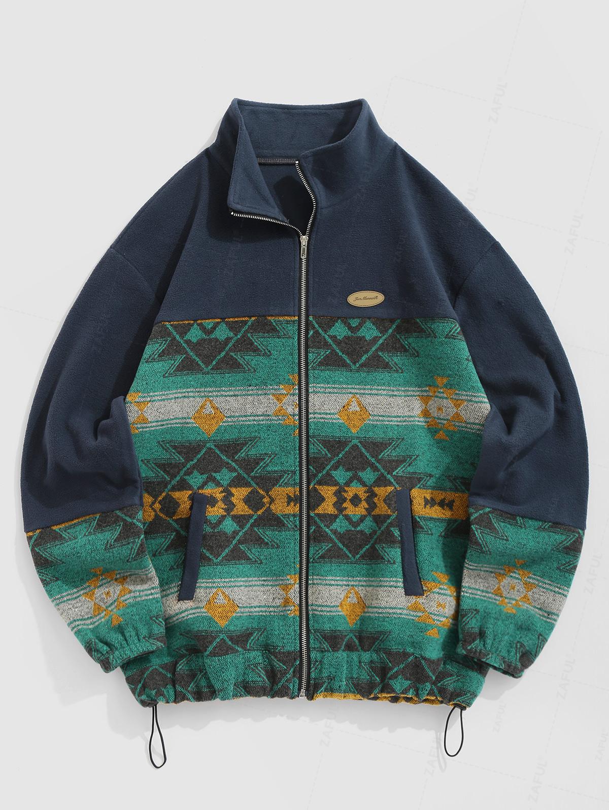 Men's Ethnic Aztec Printed Slant Pocket Zip Fly Stand Collar Fuzzy Polar Fleece Jacket