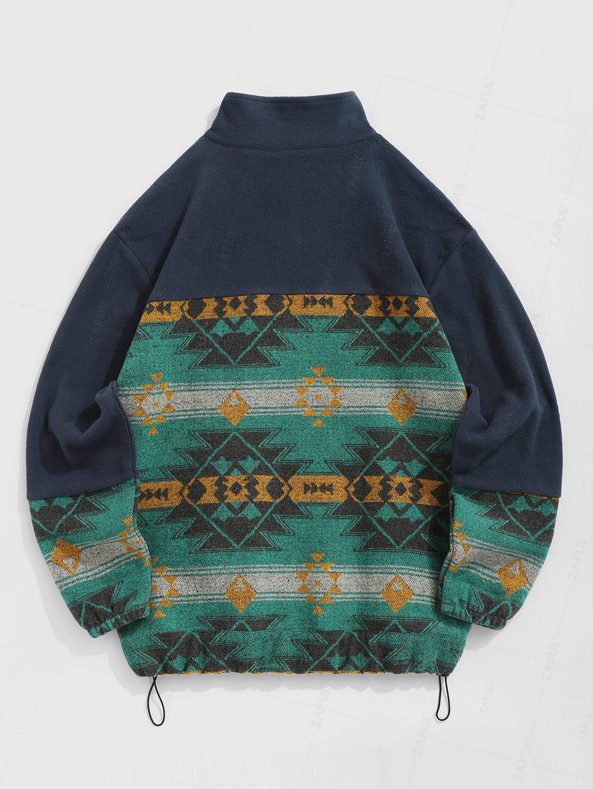 Men's Ethnic Aztec Printed Slant Pocket Zip Fly Stand Collar Fuzzy Polar Fleece Jacket