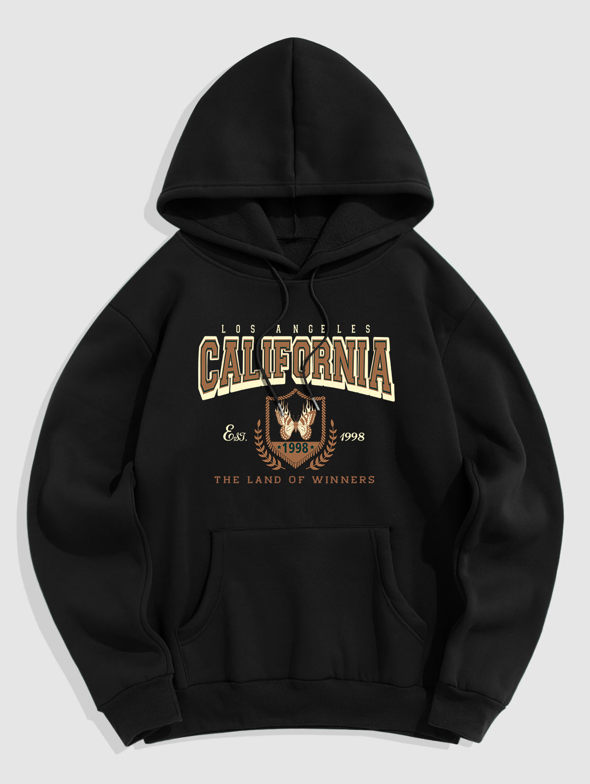 Men's Casual Letter CALIFORNIA Butterfly Graphic Printed Front Pocket Thermal Fleece Lined Drawstring Hoodie