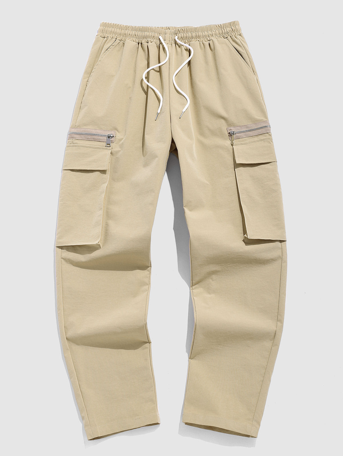 Men's Side Zip and Large Pockets Design Solid Color Straight Leg Drawstring Cargo Pants Kosyway