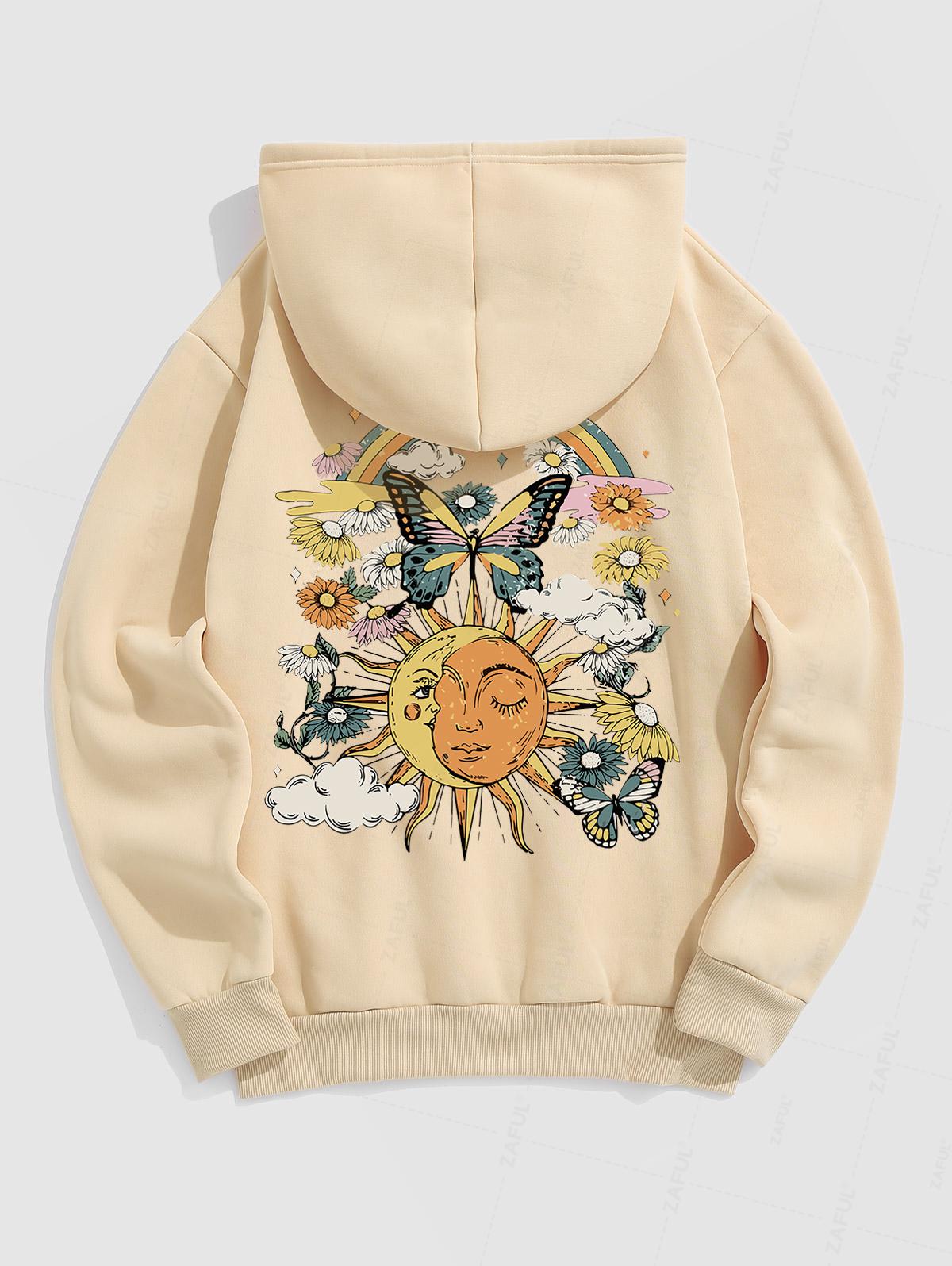 Men's Casual Sun Sunflower Butterfly Rainbow Graphic Printed Thermal Fleece-lined Kangaroo Pocket Pullover Hoodie