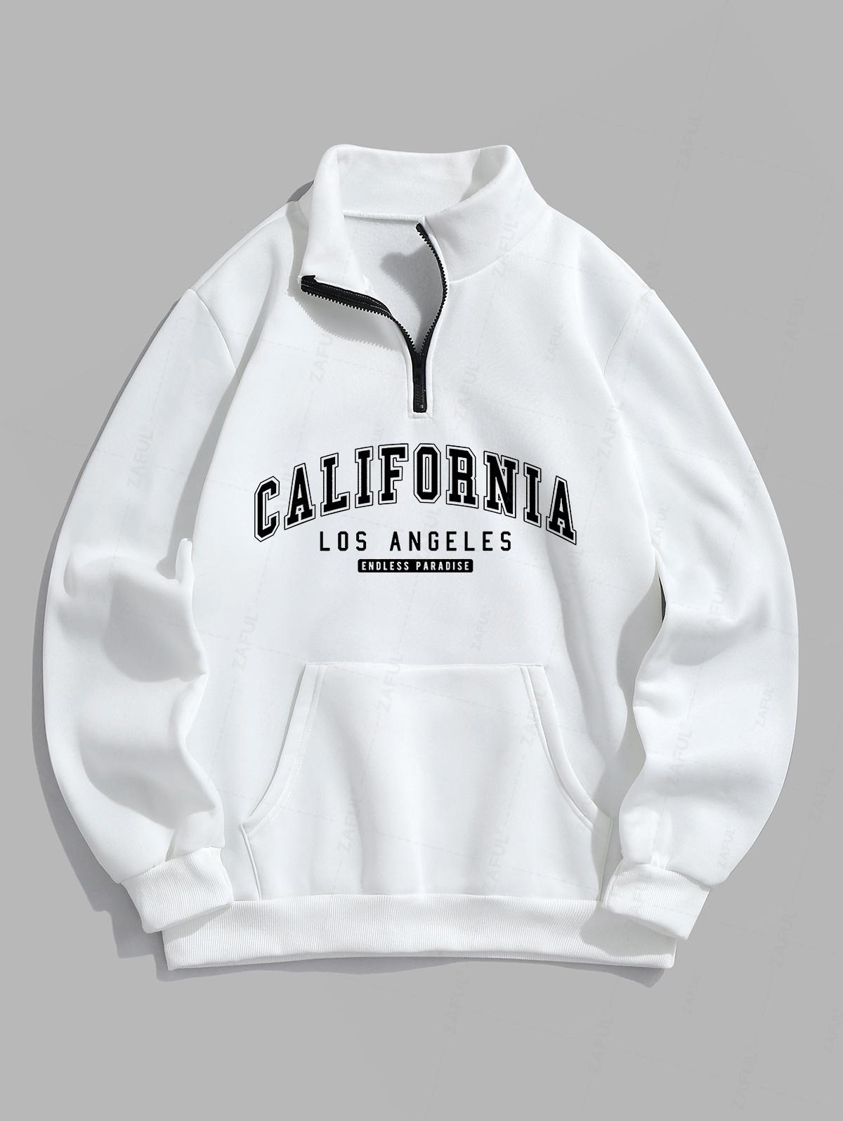 Men's CALIFORNIA LOS ANGELES Letter Kangaroo Pocket Quarter Zip Thermal Fleece-lined Stand Collar Pullover Sweatshirt