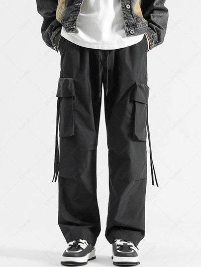 Men's Casual Streetwear Striaght Leg Solid Color Drawstring Cargo Pants Kosyway