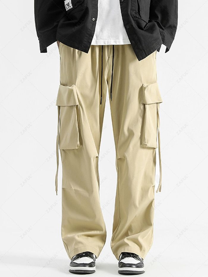 Men's Casual Streetwear Striaght Leg Solid Color Drawstring Cargo Pants Kosyway