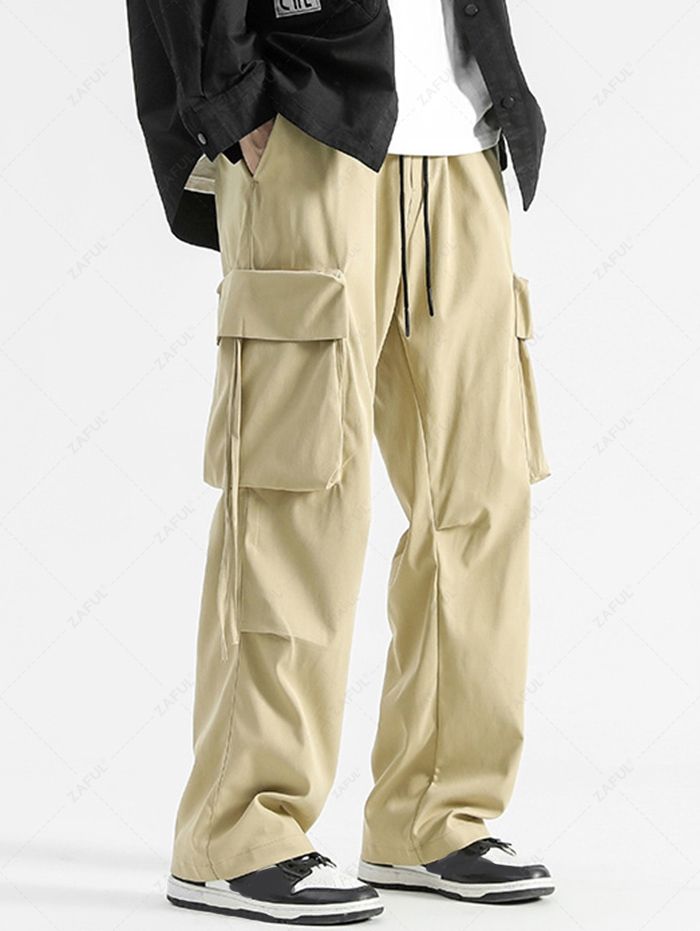 Men's Casual Streetwear Striaght Leg Solid Color Drawstring Cargo Pants Kosyway