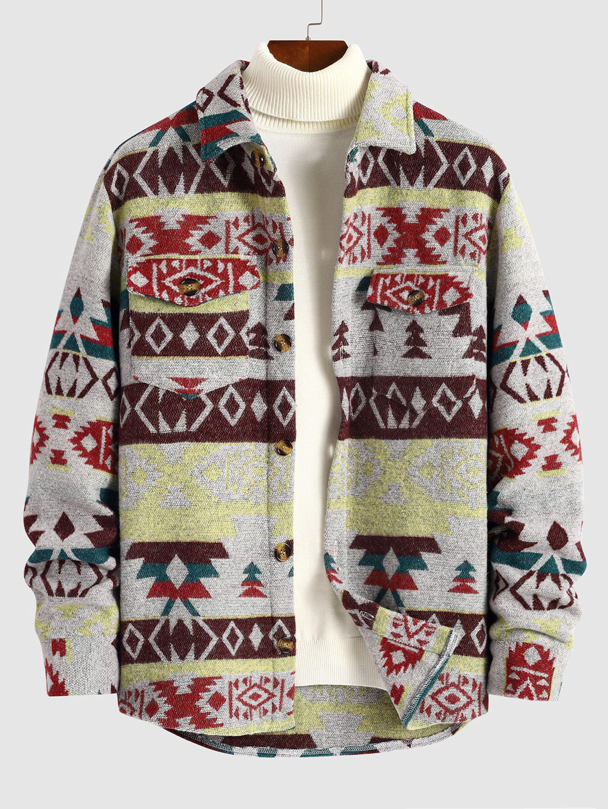 Men's Colorblock Woolen Shacket Aztec Geometric Print Ethnic Pocket Jacket