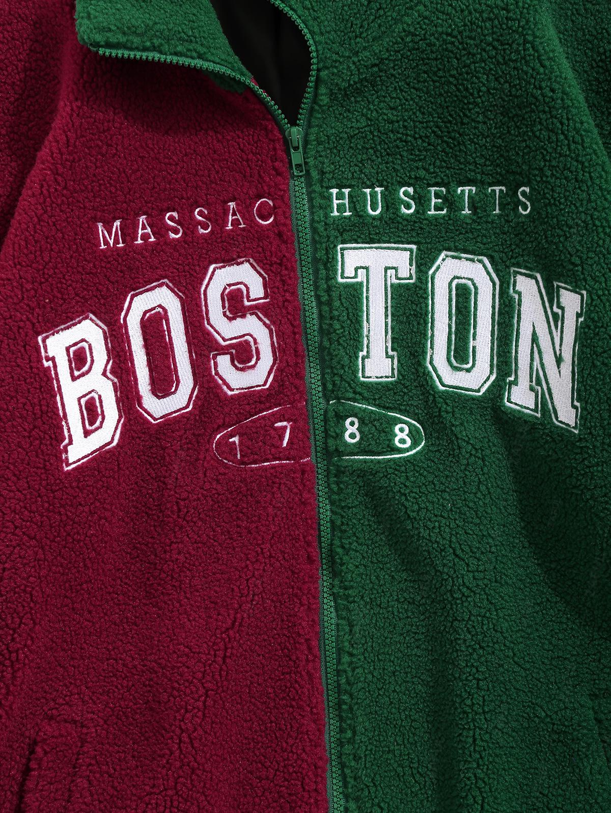 Men's MASSAC HUSETTS BOSTON Embroidered Two Tone Colorblock Zip Fluffy Faux Shearling Stand Collar Zip Fly Jacket