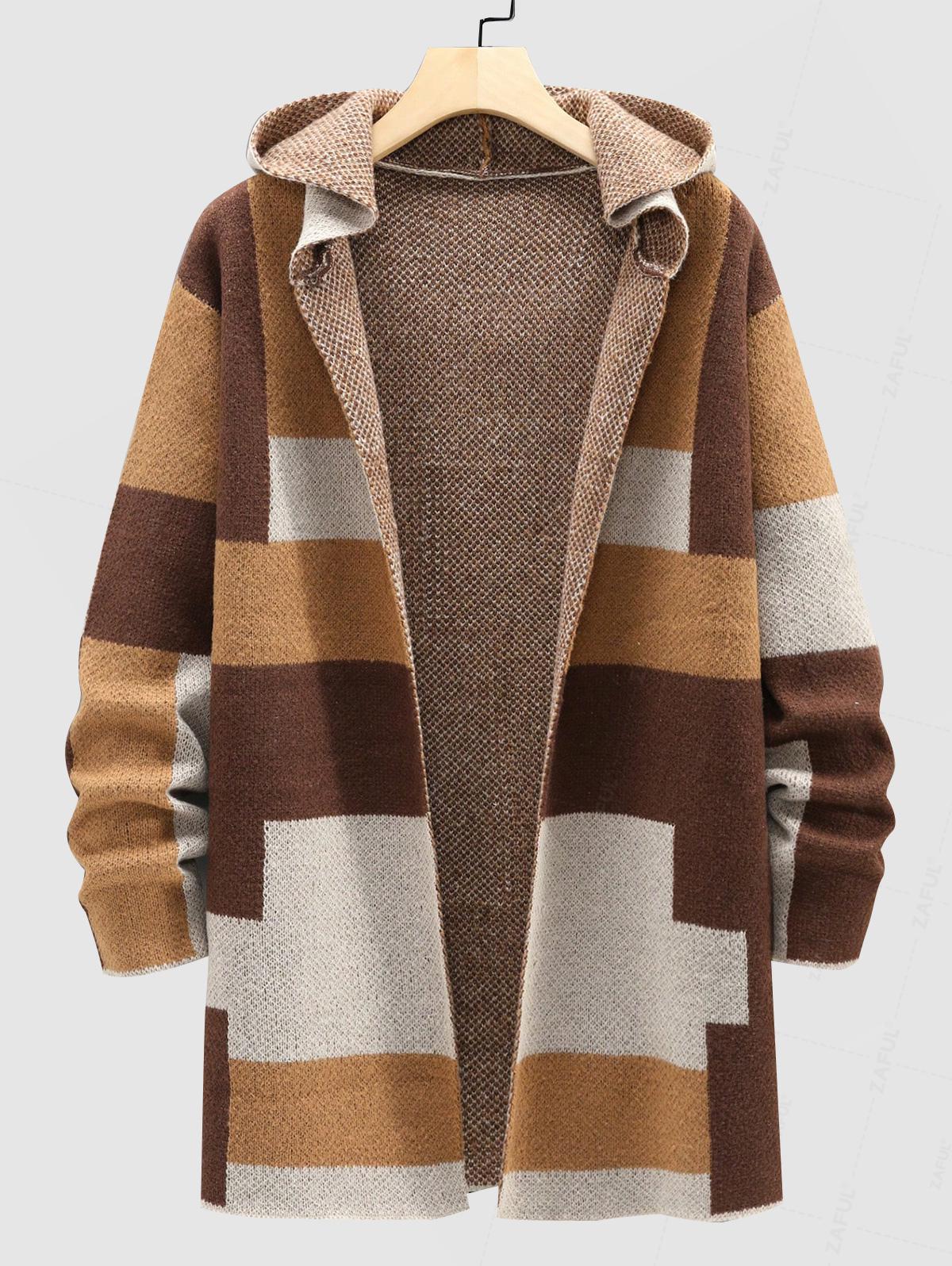 Men's Casual Colorblock Open Front Knitted Long Cardigan