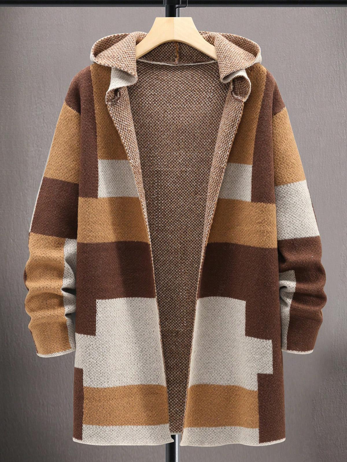 Men's Casual Colorblock Open Front Knitted Long Cardigan