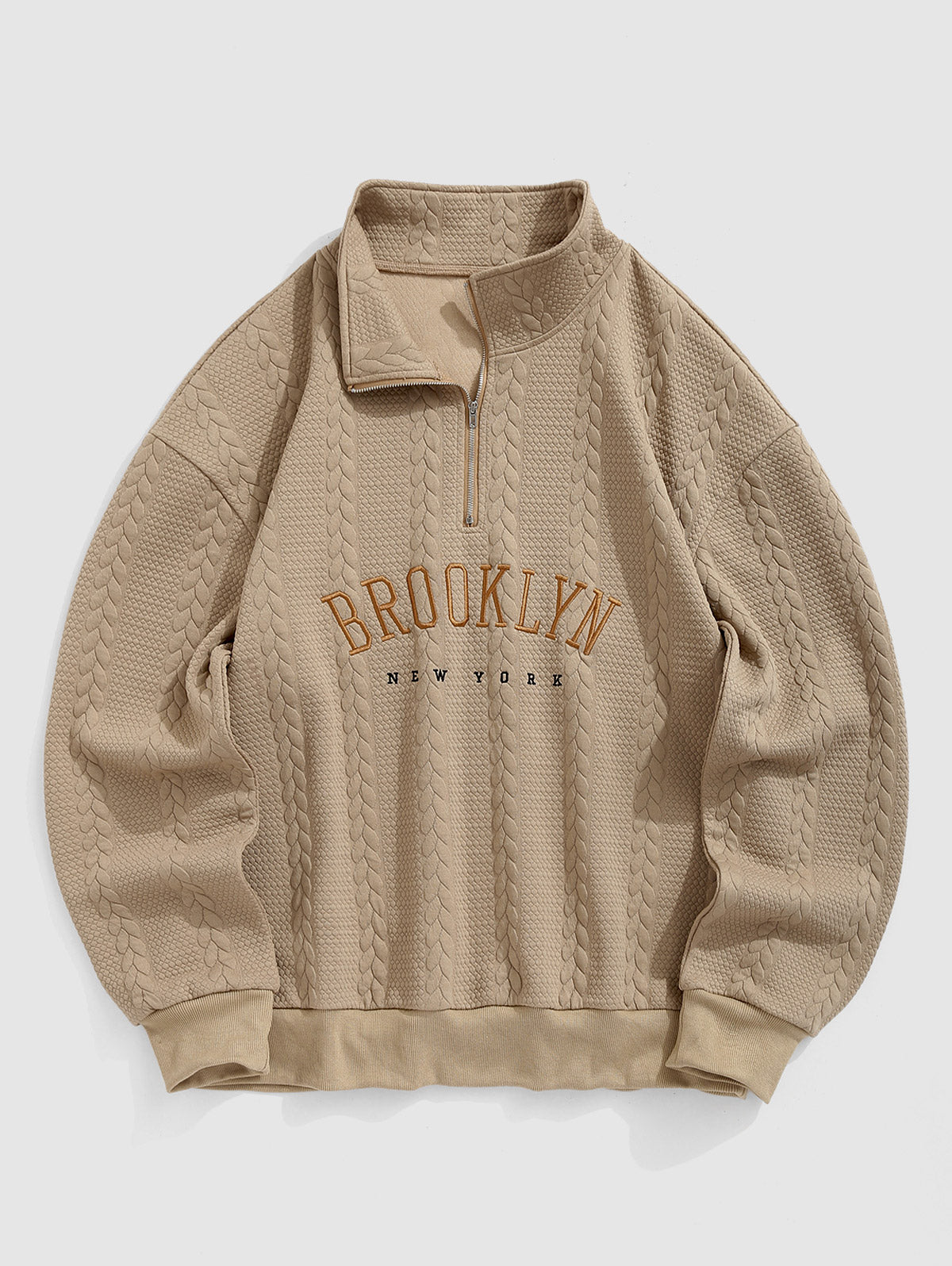 Men's BROOKLYN NEW YORK Letter Embroidered Cable Textured Quarter Zip Design Pullover Sweatshirt