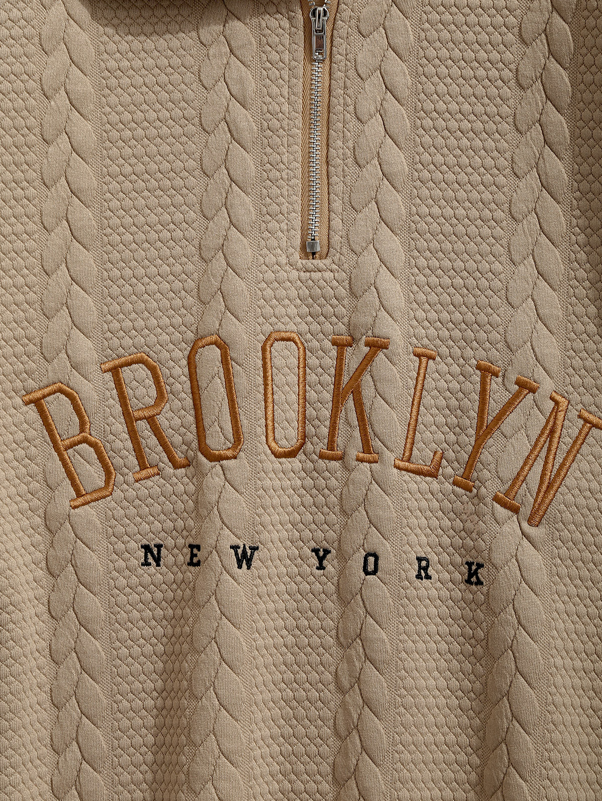 Men's BROOKLYN NEW YORK Letter Embroidered Cable Textured Quarter Zip Design Pullover Sweatshirt