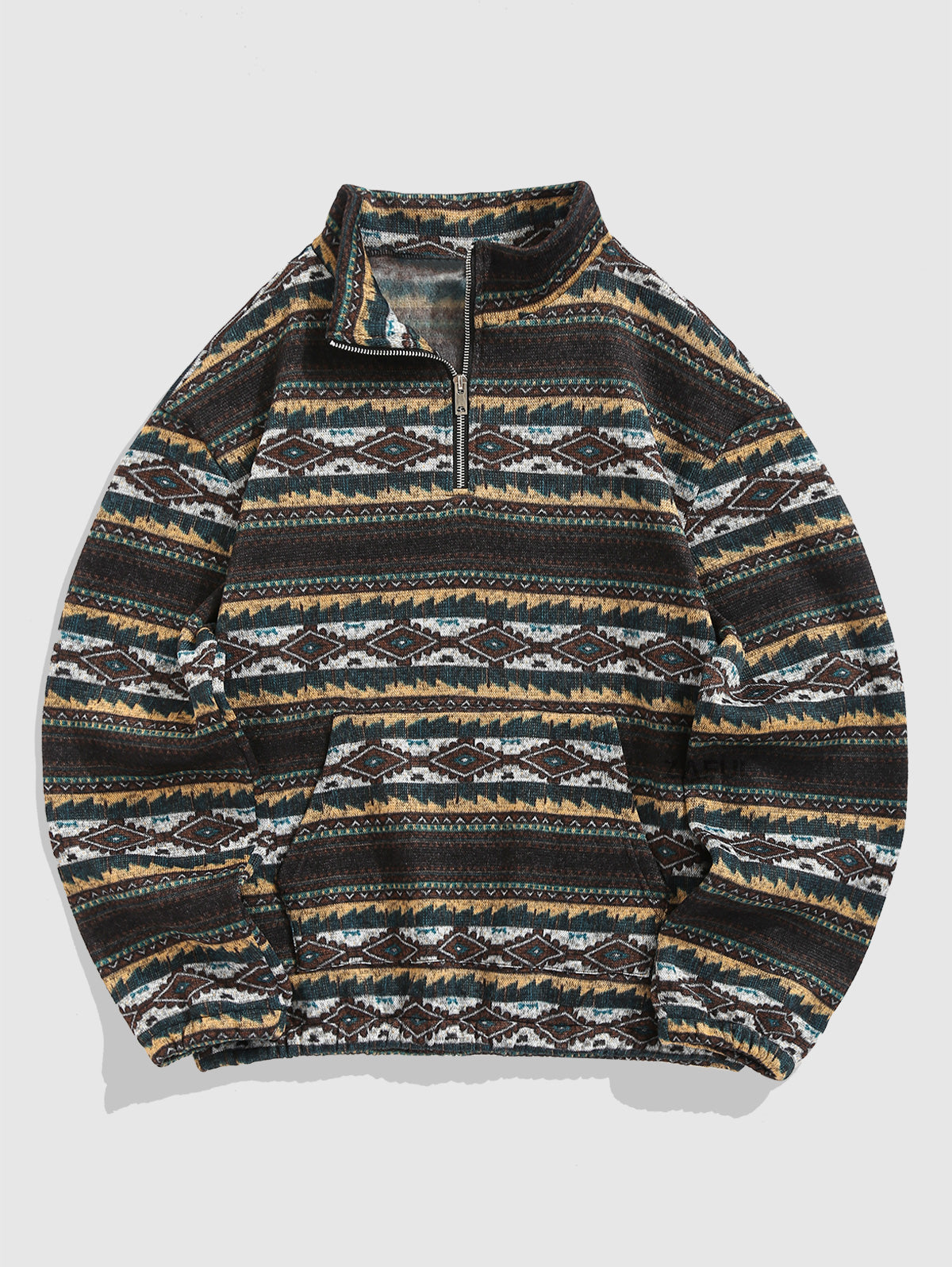 Men's Ethnic Aztec Printed Quarter Zip Fuzzy Fleece Stand Collar Pullover Sweatshirt