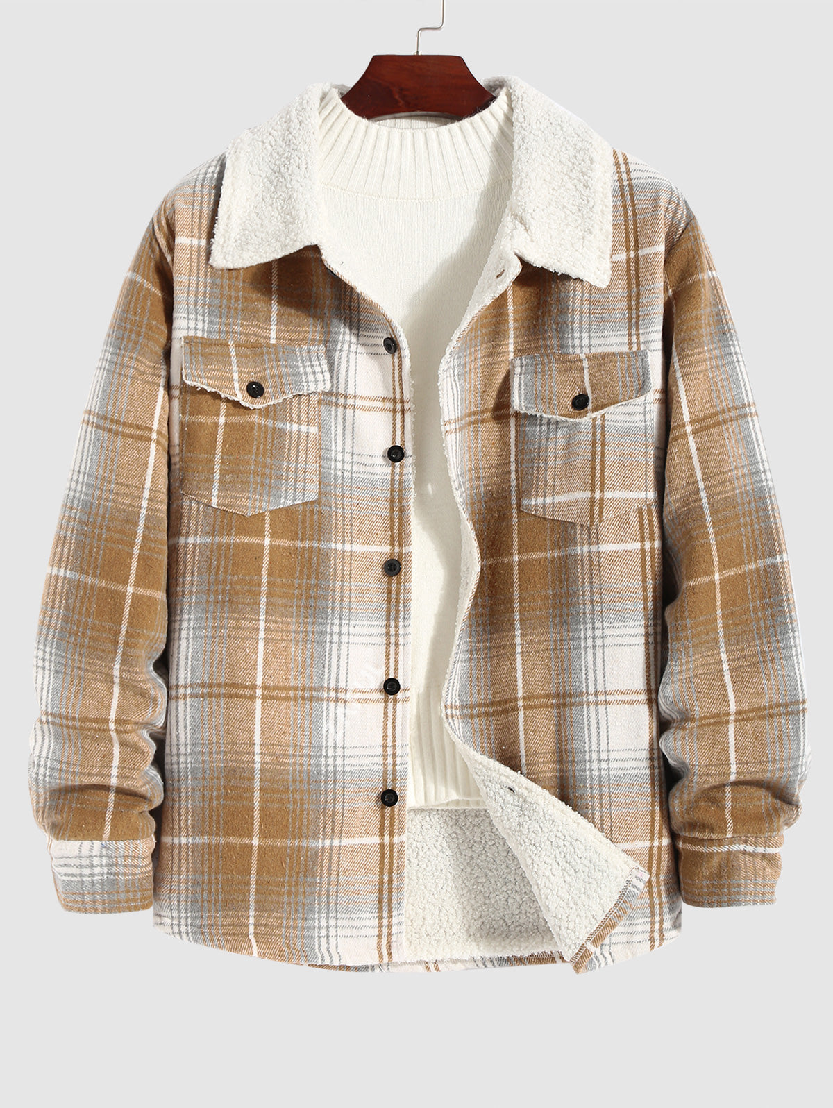 Men's Plaid Thermal Fleece Lined Wool Blend Single Breasted Flap Pockets Jacket