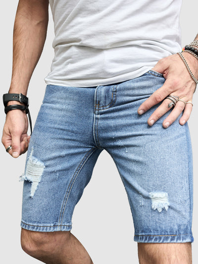 Men's Ripped Distressed Medium Wash Denim Jean Shorts