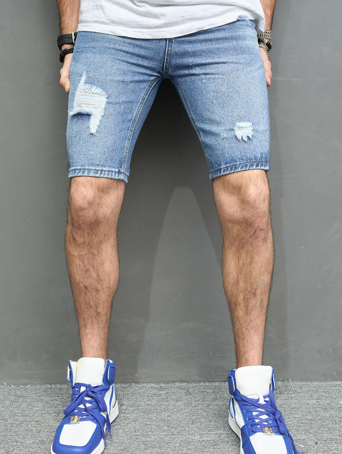 Men's Ripped Distressed Medium Wash Denim Jean Shorts