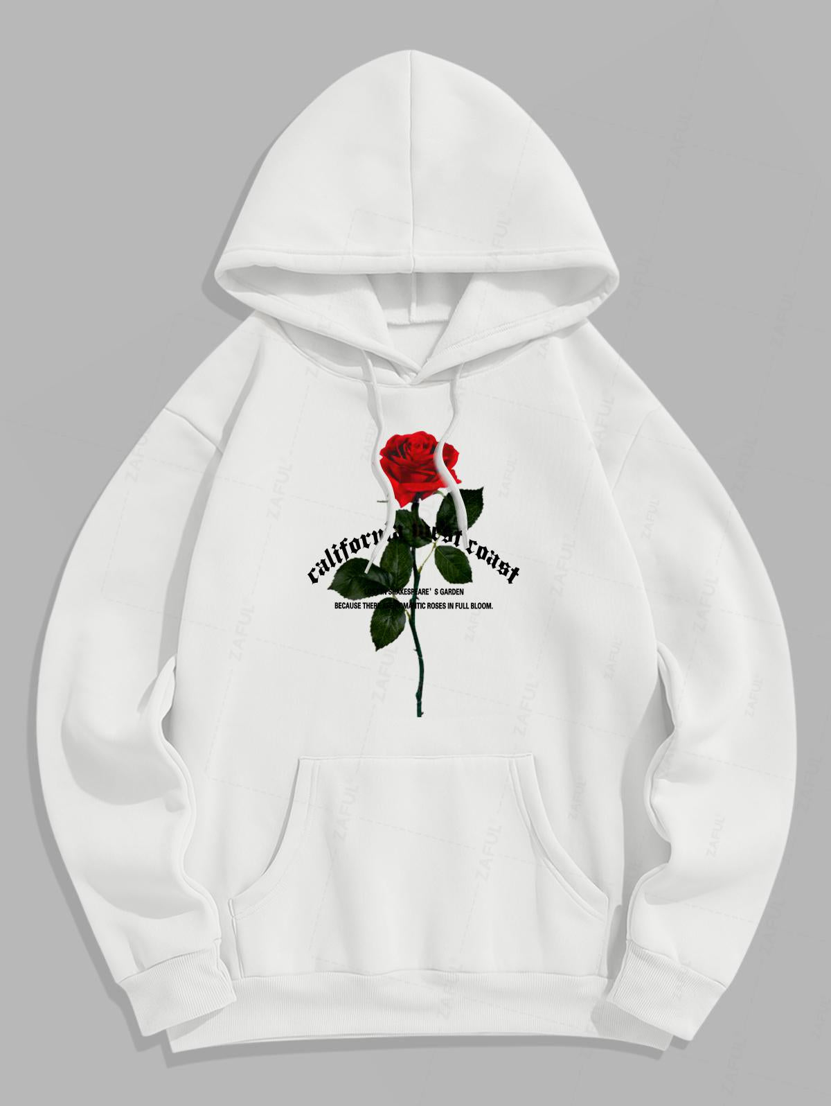 Men's Floral Rose Letter Graphic Pattern Thermal Fleece Lined Kangaroo Pocket Drawstring Pullover Hoodie