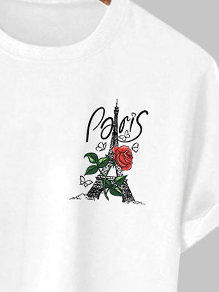 Men's Paris Letter Floral Rose Tower Graphic Printed Short Sleeves T-shirt Kosyway