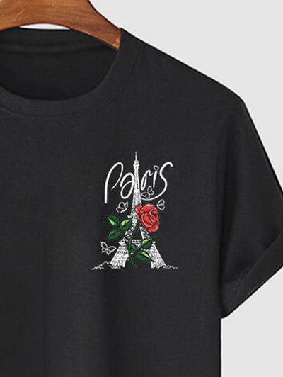 Men's Paris Letter Floral Rose Tower Graphic Printed Short Sleeves T-shirt