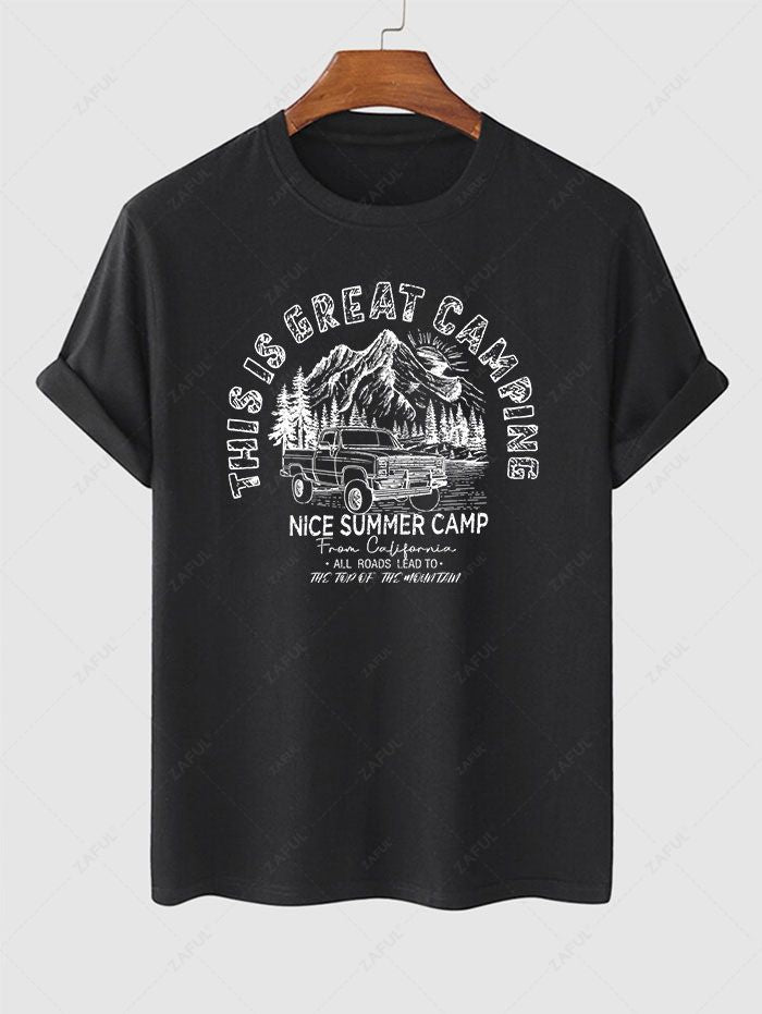 Men's Letter Car Mountain Graphic Printed Short Sleeves T-shirt Kosyway