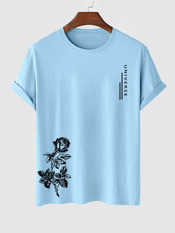 Men's Letter Floral Rose Graphic Printed Short Sleeves T-shirt