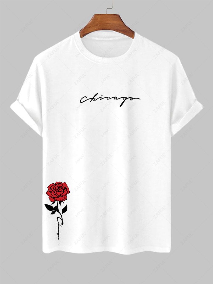 Men's Letter Floral Rose Graphic Printed Short Sleeves T-shirt Kosyway