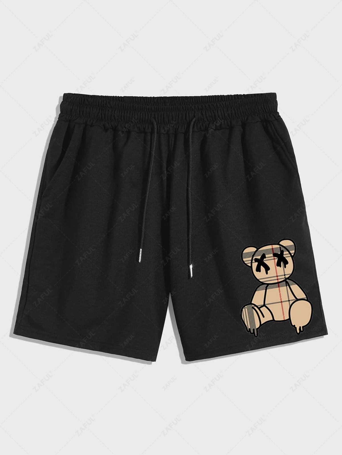 Men's Plaid Bear Graphic Pattern Drawstring Casual Shorts