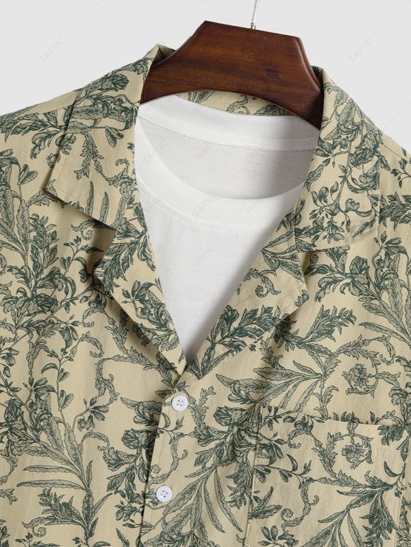 Men's Plant Print Floral Camp Collar Front Pocket Button Up Short Sleeves Shirt