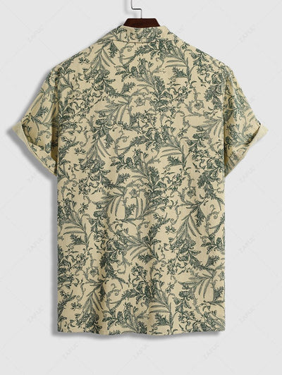 Men's Plant Print Floral Camp Collar Front Pocket Button Up Short Sleeves Shirt