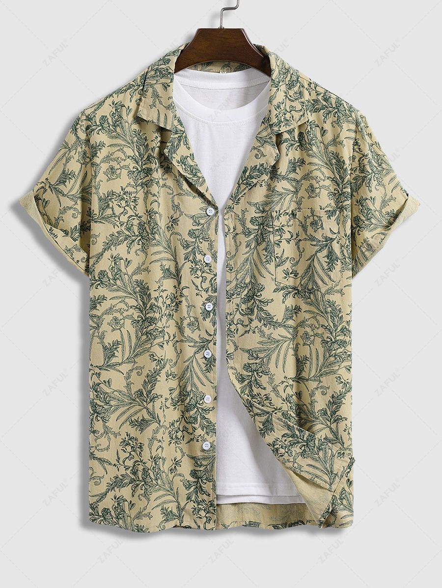 Men's Plant Print Floral Camp Collar Front Pocket Button Up Short Sleeves Shirt