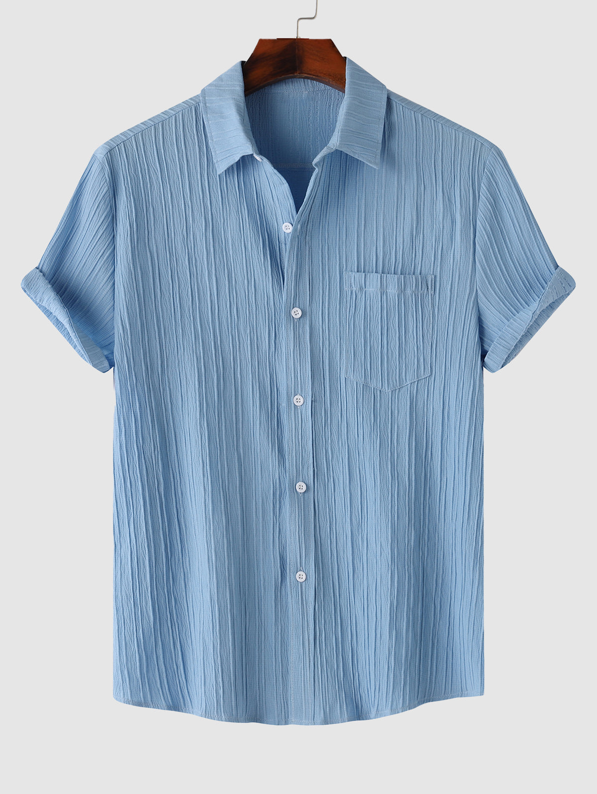 Men's Button Up Solid Color Wrinkle Textured Short Sleeves Shirt