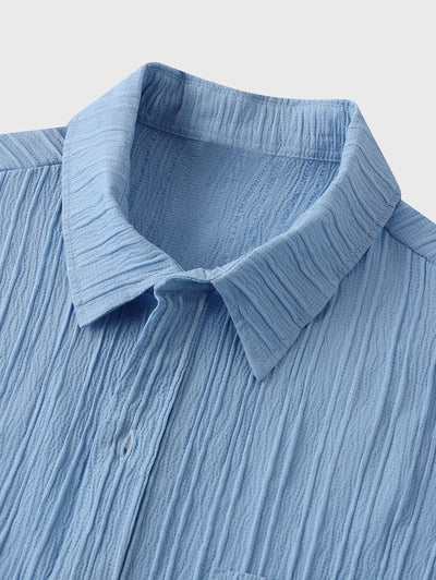 Men's Button Up Solid Color Wrinkle Textured Short Sleeves Shirt