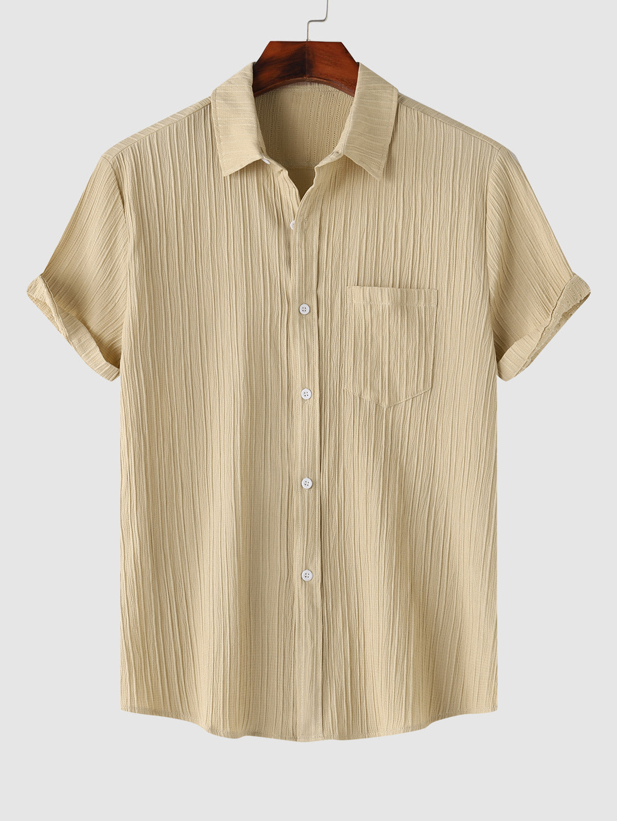 Men's Button Up Solid Color Wrinkle Textured Short Sleeves Shirt Kosyway