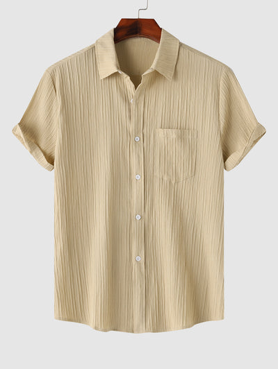 Men's Button Up Solid Color Wrinkle Textured Short Sleeves Shirt