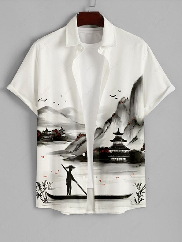 Men's Chinese Style Lake Boating View Print Button Up Short Sleeves Shirt Kosyway