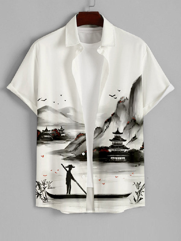 Men's Chinese Style Lake Boating View Print Button Up Short Sleeves Shirt