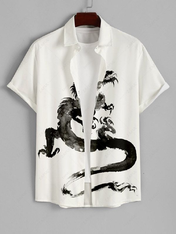 Men's Oriental Dragon Print Button Up Short Sleeves Shirt