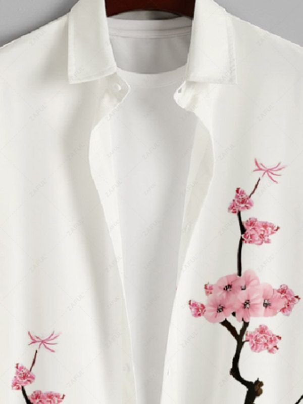 Men's Floral Plum Blossom Print Button Up Short Sleeves Shirt