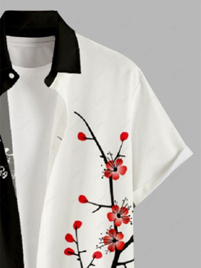 Men's Colorblock Chinese Characters Floral Print Button Up Short Sleeves Shirt